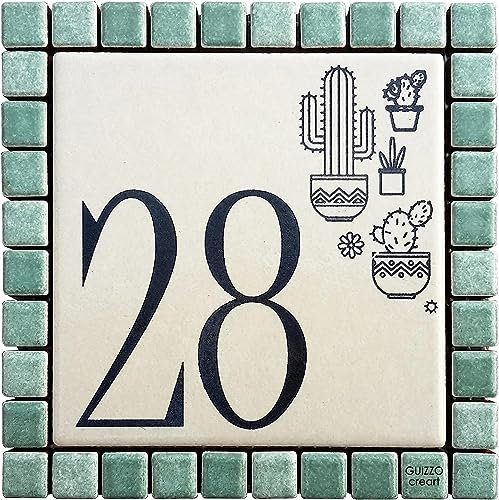 GUIZZO Creart - Numero Civico Esterno Personalizzato in Ceramica, Targhetta Personalizzata Via/Nomi con Cornice Mosaico, Targhetta Porta Ingresso Personalizzata Made in Italy, 12x12H cm, Verde/Panna