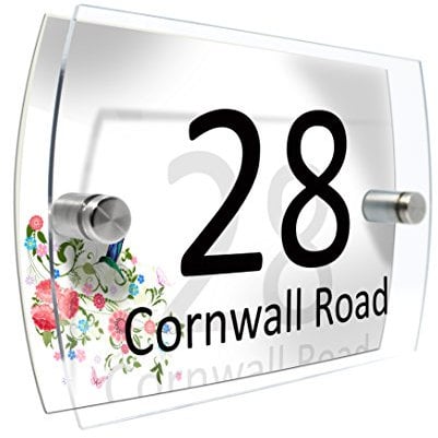 CS Printing House Number Sign Plaque Garden Glass Effect Acrylic Sign Door Plate Marble Wall Display 2 Part Branded Acrylic (Floral ornament)