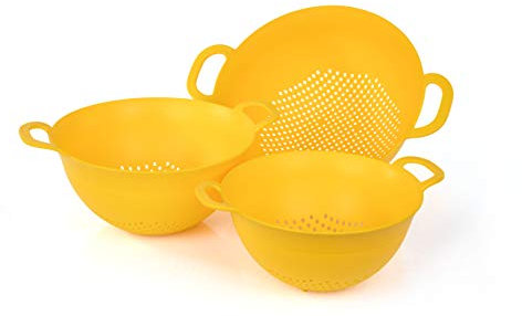 Mintra Home Lot de 3 passoires colorées pour fruits, légumes, pâtes, passoires, passe au lave-vaisselle, sans bisphénol A, durables, robustes (3 lots de 3 tailles assorties) Assorted 3pk jaune