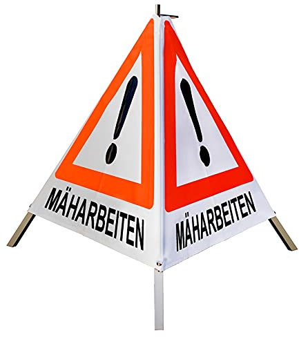 Warnpyramide/Faltsignal Achtung(VZ101) MÄHARBEITEN 70cm - weiß tagesleuchtend, leicht