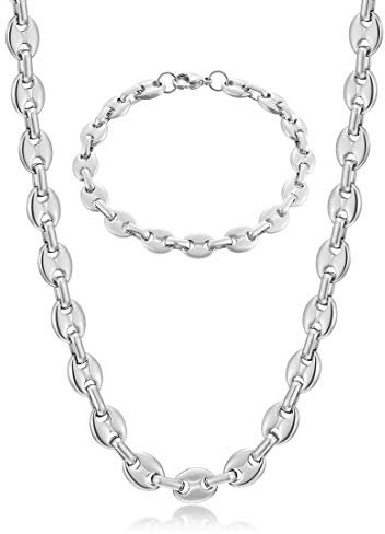 AFSTALR Collana Chicco di caffè Uomo Acciaio Inossidabile 9mm Bracciale Chicco di caffè in Set Bracciale con Catena Uomo Gioielli Argento Hip Hop di caffè Argento 61CM