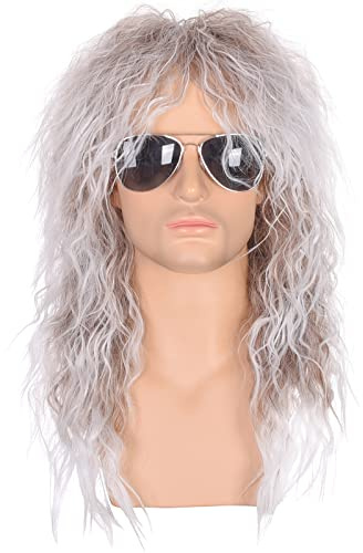 Morvally Herren 80er Jahre Stil Perücken | Lange lockige Silber Farbverlauf Braun Kunsthaar | Heavy Metal Glam Rock-Rocker Perücke | Perfekt für Halloween, Cosplay, DIY Mottoparty