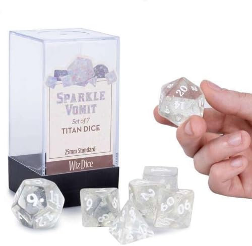 Wiz Dice Titan 25 mm Würfel, großes polyedrisches Würfel-Set für verschiedene Rollenspiel-Würfelspiele, Sparkle Vomit 7 CND, DND-Würfelset mit transparenter Würfelbox, inklusive D4, D6, D8, D10, D10