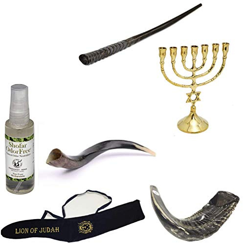 Set Shofar, Oryx, Ram Horn, Kudu, Vintage 20,3 cm Menora, Tragetasche und Spray.
