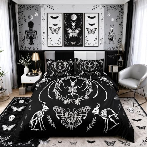 Bettbezug mit Totenkopf, Fledermaus, Skelett, Bohemian, Gothic, Totenkopf, für Kinder, Jungen, Mädchen, Erwachsene, Halloween, Leinen, ultraweich, Doppelpack mit