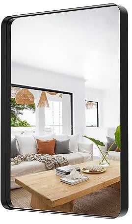 Glaucus Großer Wandspiegel Schwarz 60x90 cm - Rechteckiger Spiegel mit Metallrahmen, Moderner Badspiegel & Schminkspiegel - Wanddeko für Badezimmer, Wohnzimmer, Flur