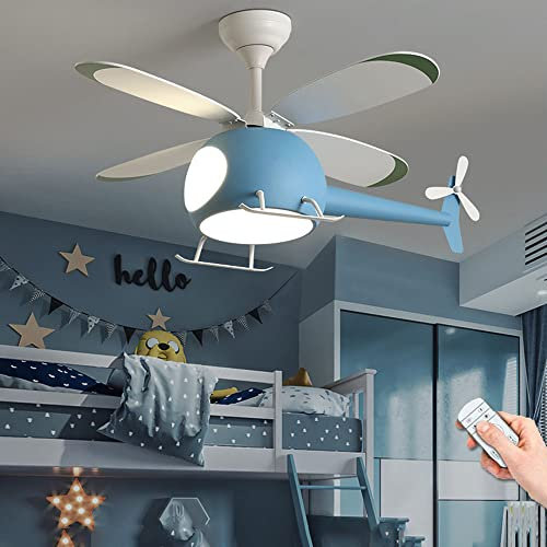 Elicottero Ventilatore Da Soffitto Con Luce Moderna LED Plafoniera Con Ventilatore Dimmerabile Con Telecomando Lampada Con Ventilatore Camera Dei Bambini Camera Da Letto Soggiorno Lampadario (Blue)
