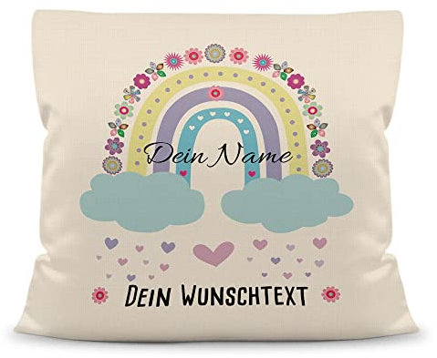 PR Print Royal Kinder-Kissen selbst gestalten mit Name & Text - Regenbogen Wolken - Geschenk für Kinder, Mädchen & Jungen - inkl. Füllung, Kissen Polyester Beige, 40x40 cm I Personalisiert