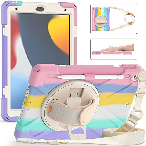 UFinetech Funda iPad 9 Generacion, Funda iPad 10,2 2019, Funda iPad 7ª/8ª con Soporte Giratorio 360, Correa de Mano/Hombro, Soporte Lápiz, Funda Antichoque Niños iPad 2021/2020/2019, Rosa Colorido