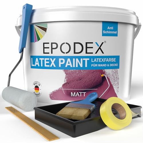 EPODEX Peinture latex mate avec accessoires, peinture murale intérieur, lavable, résistante, respirante & neutre en odeur – 3,3 kg (12,5 m² pour 2 couches)