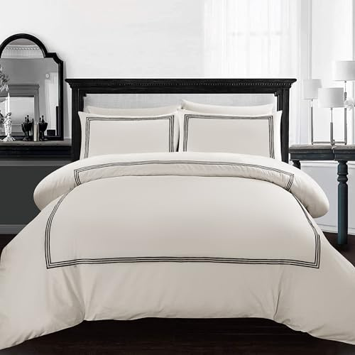 AR Ware Super King Duvet Cover Set - Soft Luxury Bratta Stitch Embroidered Microfiber Duvet Sets with 2 Pillowcases - Non Iron Bedding Hotel Quality Quilt Cover (Cream/Black)