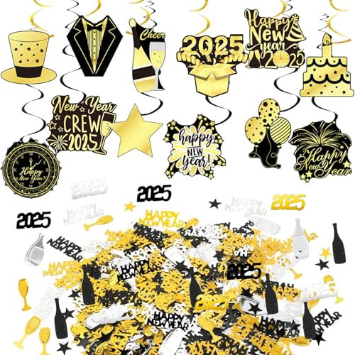 Konfetti Happy New Year 2025, Silvester Tischdeko Silvesterdeko, Silvester Deko Happy New Year Konfetti,Deckenhänger Spiralen Girlande Konfetti für Silvester Party