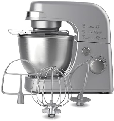 Hamilton Beach Electric Stand Mixer, 4 Quarts, Dough Hook, Flat Beater Attachments, Splash Guard 7 Speeds with Whisk, Silver