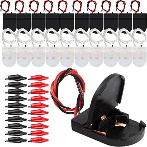 Xiatiaosann CR2032 Battery Holder 3V Button Coin Cell Battery Case Box, 20 PCS Battery Socket with ON-OFF Switch & Wire Lead, 10 Pcs black + 10 Pcs Transparent, with 20 Crocodile clips