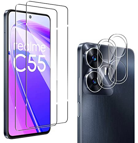 QULLOO [2+ 2 Piezas Protector de Pantalla para Realme C55 4G + Protector de Lente de cámara,9H Dureza Vidrio Templado Sin Burbujas Film Cristal Templado para Realme C55
