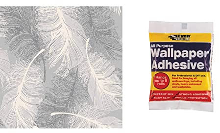 Coloroll Feather Blown Vinyl Wallpaper in Grey & White M0923 Full Roll & Everbuild All Purpose Wallpaper Paste Adhesive, Hangs Up to 5 Rolls