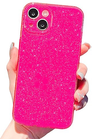 Finyosee Compatible with iPhone 14 Plus Case 6.7 inch, Cute Neon Bright Color,Glitter Bling Thin Slim Shockproof Silicone Sparkly Case, Soft TPU Phone Case for Women Girl-Hot Pink