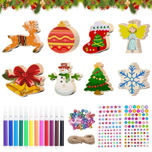 Basteln Weihnachten Kinder, Weihnachtsbaum Anhänger Holz, 48 Stücke Christbaumschmuck, DIY Bastelset Mit Elch Schneeflocke