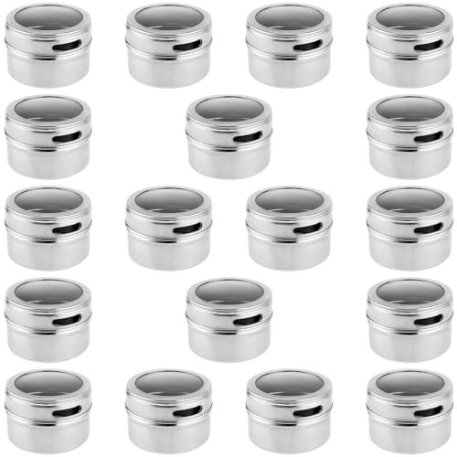 YUENPUN 18 PCS 4oz Stainless Steel Magnetic Spice Jars, Magnetic Spice Containers with Plastic Visible Window, Small Round Magnetic Spice Tins for Sugar, Salt, Pepper, Cumin
