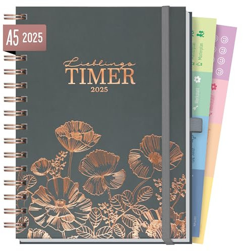 Häfft® Lieblings-Timer Deluxe Kalender 2025 A5 Poppy Terminplaner, Spiralkalender, Terminkalender, Wochenplaner, Ringbuch Planner - nachhaltig & klimafreundlich