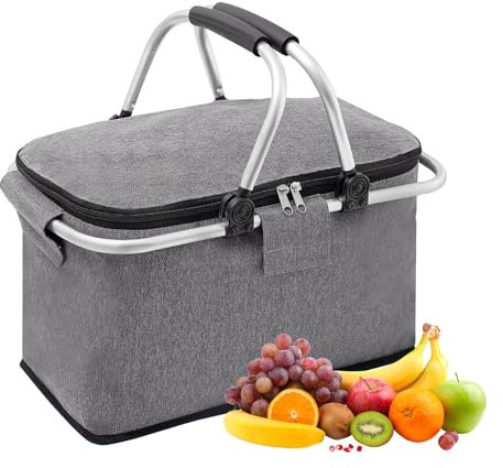 30 L Shopping Basket Cooler Bag Insulated Picnic Basket, Premium Extra Large Cooling Cooler Cool Bag, Collapsible Lunch Bag Box, for Camping/Outdoor Activities/Family Travel/BBQ/Shopping (Gray)