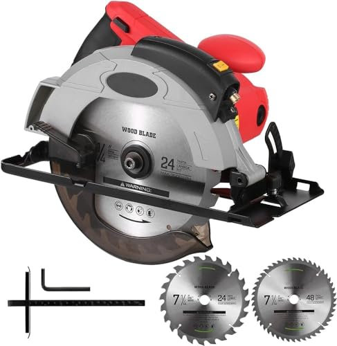 Circular Saw 12A 5500RPMwith 7-1/4'' Circular Saw Blade and Max Cutting Depth 2.45'' (90°), 1.81'' (45°) for Wood and Log Cutting 3 Blades
