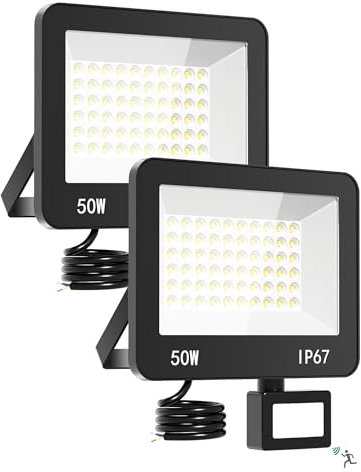 HAPYLUMI 50W LED Strahler mit Bewegungsmelder, 2 Stück 5000LM Superhell Außenstrahler 6500K Kaltweiß, IP67 Wasserdicht LED Scheinwerfer Fluter für Garten, Innenhöfe, Garage, Fahrbahn