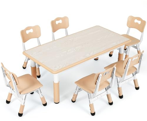 MAMIZO Kindertisch Packung mit 6 Stühlen, Kindertischgruppe Höhenverstellbar, Kinder Tisch Stuhl Set für Kindergarten und Kinderzimmer, Plastik Kindermöbel, Sitzgruppe Jungen Mädchen ab 2 Jahre, Gelb