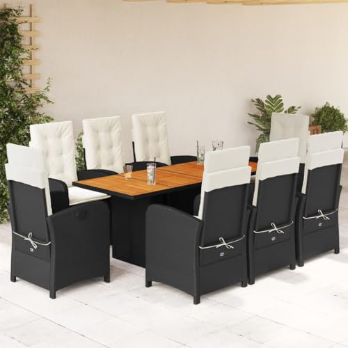CIADAZ 9-TLG. Garten-Essgruppe mit Kissen Schwarz Poly Rattan, Esstisch Mit Stühlen Set, Gartenmöbel Sitzgruppe, Balkon Möbel, Gartenlounge Set, Terrassenmöbel, Balkonmöbel Set - 3212273