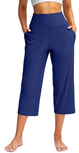 Luckywaqng Yoga-Caprihosen mit Taschen für Damen, lässige Stretch-Yoga-Leggings mit hoher Taille, Bequeme Hose mit weitem Bein Beachvolleyball Set (Blue, XXXL)