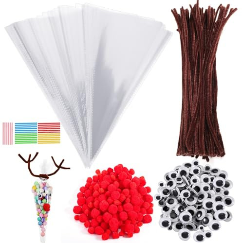 100 Stück Süßigkeiten Tüten, Pfeifenreiniger Braun Cellophantüten Klein mit Bindebänder Rote Pompons Wackelaugen Chenilledraht Bastelset für Bonbons Kekse Weihnachtsgeschenke Deko