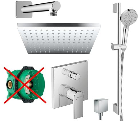 Hansgrohe Duschsystem mit Unterputz Duscharmatur von Hansgrohe Regendusche mit Armatur, Duschkopf eckig, Wandarm Dusch-SET HGK11-ob poliert