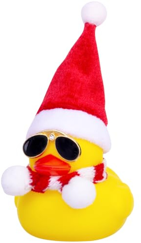 Mwmoeen Weihnachten Gummiente Autodekoration, Gelbe Quietscheente Duck | Armaturenbrett Ornamente，Ein Weihnachtshut Schal Sonnenbrille tragenfür Weihnachtsdekoration Wohndekorationen für Erwachsene