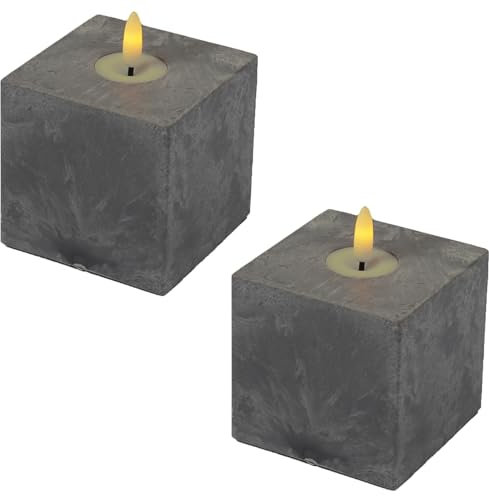 Marrakesch 2er Set Industrial Deko LED Kerze Stumpenkerze in Zement Design Quadratisch 11cm Outdoor Flackernde Led Kerzen Batteriebetrieben mit Timerfunktion für Kerzenständer Baddeko & Weihnachtsdeko