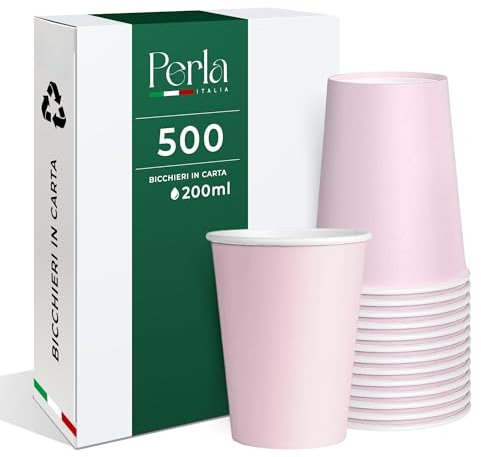 Perla, 500 Bicchieri in Carta da 200ml Ecologici Biodegradabili Monouso, Adatto per Bevande Fredde e Calde, Prodotto e confezionato in Italia, Made in Italy (Rosa)