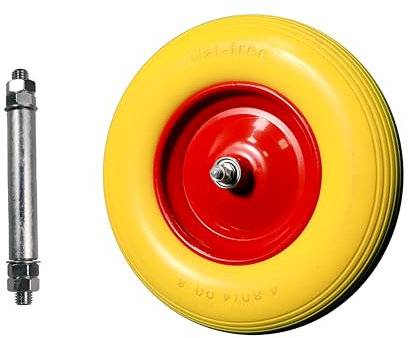Schulz Tech Schubkarrenrad PU Vollgummi mit Achse, Tragkraft 200 kg, 4.80/4.00-8 Gummirad, pannensicher, Reifen mit Stahlfelge, Durchmesser 390 mm, gelb-rot