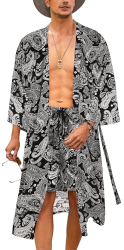 COOFANDY Kimono-Bademantel für Herren, mit Shorts, leicht, 2-teilig, japanischer Bademantel, lässig, offen, lange Strickjacke mit Gürtel