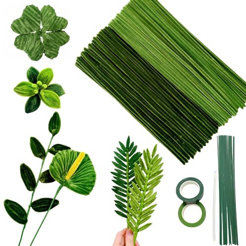 YYUENG TAK 200pcs Green Pipe Cleaners for Craft (Dark & Light),with 20 green floral Wires,2 pcs gardening tape,hot glue stick,pipe cleaners for craft flowers