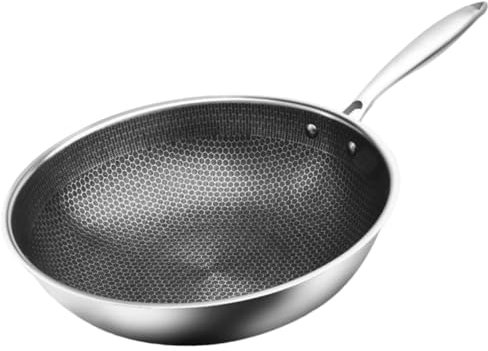 Cabilock Wok De Acero Inoxidable Con Mango Antiadherente De Fondo Plano Apto Para Cocinas Eléctricas Gas y Parrilla Diseño Ergonómico Resistente y Fácil Limpieza