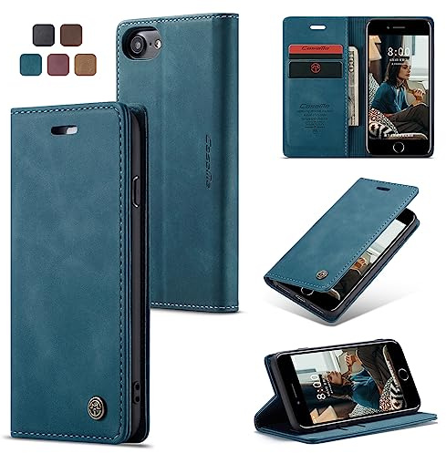 WJXEXRS Handyhülle für iPhone SE 2022 2020/iPhone 8/iPhone 7/iPhone 6 Hülle Premium Leder Schutzhülle Klappbar mit Kartenfach Ständer Magnet Handytasche mit Flip Case Klapphülle für iPhone SE-Blaugrün