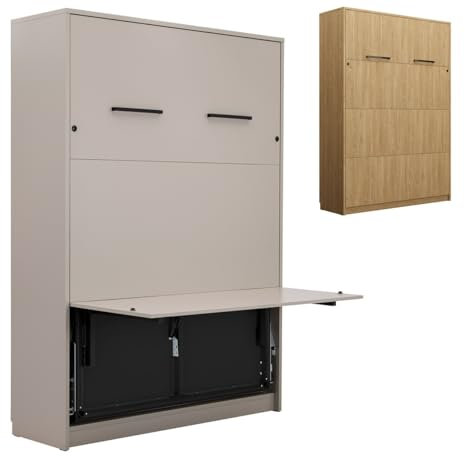 QMM Schrankbett Wandklappbett vertikal GN 140x200 mit LED und Schreibtisch weiß, Eiche, Congo (Eiche geölt)