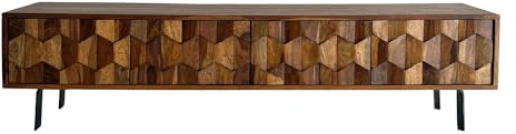 FineBuy Lowboard 160x35x40 cm Sheesham Massivholz, 4 Türen 3D-Optik | TV-Board mit Kabeldurchlass und schwarzen Metallbeinen, Fernsehtisch aus Echtholz, handgefertigt