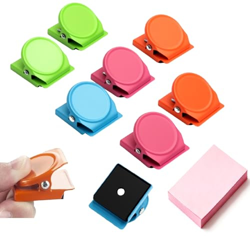 WOKICOR 8 Clip di Metallo Magnetico Multicolore, Clip Magnetica Antigraffio per Frigorifero, Lavagna e Ufficio, Calamite con Clip Forti e 100 Fogli Blocchetto Note Incluso