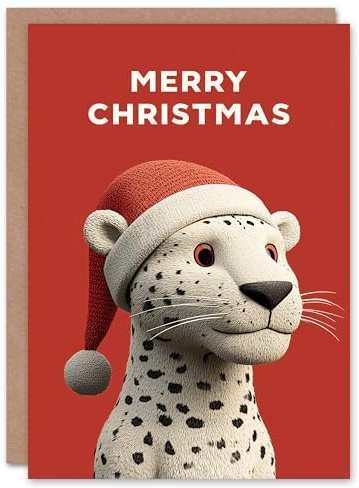 Artery8 Christmas Card Cute Leopard Wearing Santa Hat Big Cat Lover