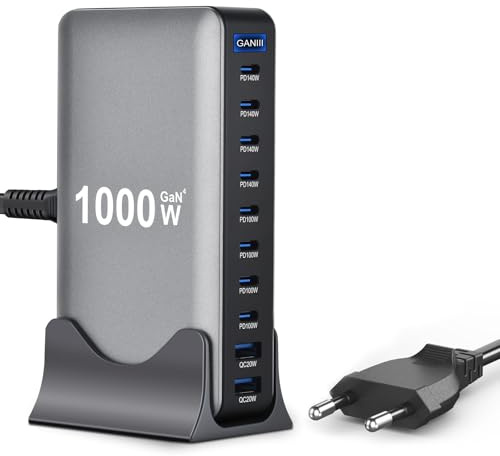 Wowfast 1000 W USB C Cargador múltiple – 10 puertos Cargador rápido Gan 4 Max 140 W PD3.1/QC20W Laptop Power Base de carga (8 USB C y 2 USB‑A) para MacBook Air, i-Pad, iPh0ne 17/16/15, Galaxy S25, HP