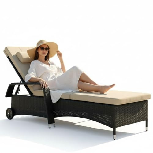 Mucola Sonnenliege Gartenliege Polyrattan mit Rollen 200x62x81 cm Schwarz | Lehne mehrfach verstellbar, inkl. Auflage und Kopfpolster, wetterfestes Geflecht, pflegeleicht, für Balkon und am Pool