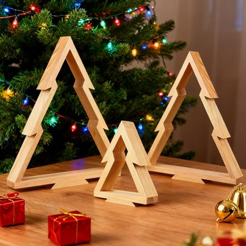 3 Stück Weihnachtsdeko Holz Weihnachtsbaum, Weihnachtsdeko Innen Holz Tannenbaum Figuren, Weihnachten Deko Weihnachtsbaum Figur für Weihnachten Tischdeko, Zuhause, Büro (D)