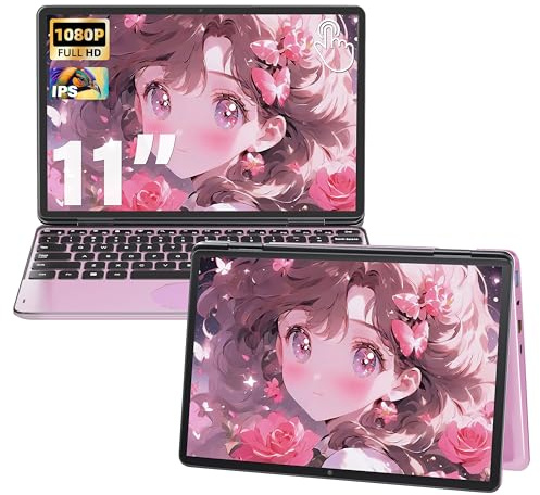 Rumtuk 11 Inch 2-in-1 Touchscreen Laptop Pink, N100 up to 3 4 GHz, 16GB DDR4 RAM, 1TB SSD,FHD IPS Display, Backlit KB, Webcam, USB-C, USB3.0, Lightweight PC Notebook for Work, Study & Entertainment