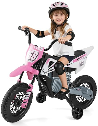 COSTWAY 12V Moto Électrique Enfant avec Roues d'Entraînement & Batterie Amovibles, Voiture Électrique Enfant avec Suspension à Ressorts, Musique et Connexion sans Fil, 3-5 km/h, Charge 30 kg, 3-8 Ans