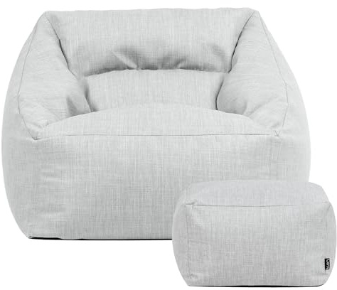 Icon Natalia Outdoor Sitzsack Sessel mit Hocker für Erwachsene, Grau, Stoff für Drinnen und Draußen, Riesen Sitzsack mit Füllung, Bequemer Sessel, Garten, Terrasse, Lounge, Wohnzimmer Möbel